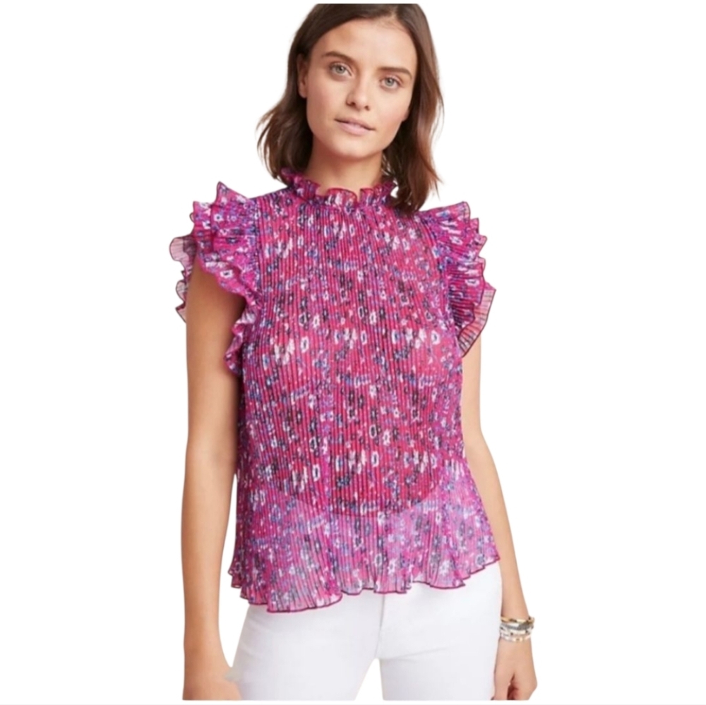 Anthropologie Plisse Pleated Top Blouse Pink Blue White Floral